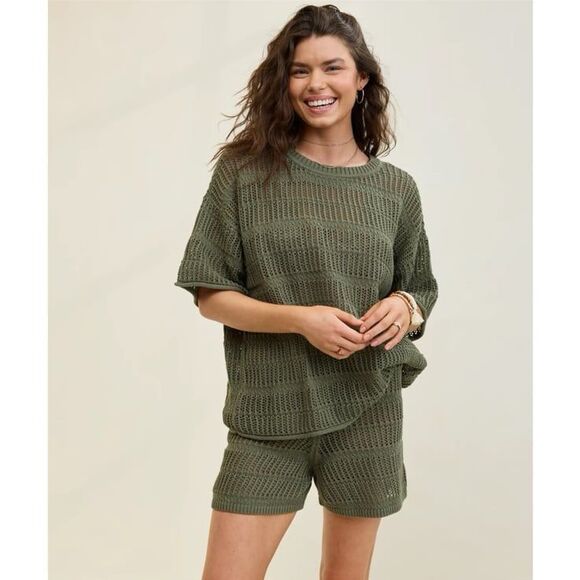 Aerie Crochet Oversized Short Sleeve Sweater in Olive Fun Size Large - Picture 1 of 10